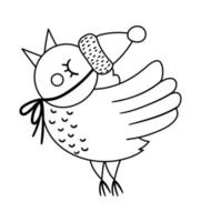 vetor preto e branco pássaro voando com o bico aberto no chapéu quente. ilustração animal de inverno bonito. design de cartão de Natal engraçado. ícone de linha de ano novo com personagem sorridente