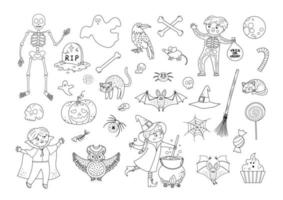 grande conjunto de elementos do vetor preto e branco de halloween. clipart de festa samhain tradicional. coleção assustadora com jack-o-lantern, aranha, fantasma, caveira, morcegos, bruxa, vampiro. páginas para colorir de férias de outono