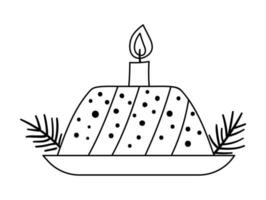 Bolo de Natal de vetor preto e branco com galhos de coníferas e vela isolado no fundo branco. ilustração engraçada bonita de pastelaria de ano novo. ícone de linha de sobremesa de inverno tradicional