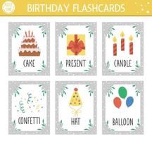 conjunto de cartões flash de feliz aniversário de vetor. Jogo de língua inglesa com velas fofas, balões, bolo para crianças. flashcards da festa de férias. planilha educacional simples para impressão. vetor