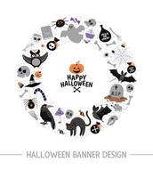 vetor moldura redonda com elementos de halloween. clipart de festa samhain tradicional. design assustador para banners, cartazes, convites. modelo de cartão de férias de outono bonito em forma de círculo.