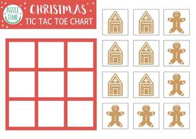 vetor gráfico tic tac toe de Natal com homem bonito de gengibre. campo de jogo do jogo de tabuleiro de inverno com personagens tradicionais. planilha para impressão recreativa engraçada para crianças. grade de pontos e cruzes