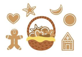 vetor definido com cesta e pão de mel decorado isolado no fundo branco. ilustração engraçada bonita de pastelaria de ano novo. ícone de sobremesa de natal tradicional