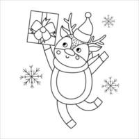 vector veado preto e branco com chapéu e lenço com caixa de presente e flocos de neve. ilustração de linha animal de inverno bonito com presente nas mãos. design de cartão de Natal engraçado. modelo de impressão de ano novo