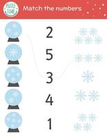 jogo de correspondência de natal com globos de neve e flocos de neve. atividade matemática de inverno para crianças em idade pré-escolar. planilha educacional de contagem de ano novo para impressão com elementos fofos para crianças vetor