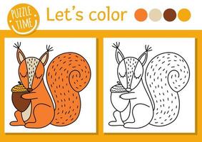 floresta para colorir para crianças com esquilo. ilustração em vetor outono feriado contorno com animal bonito. livro de cores da floresta para crianças com exemplos coloridos. planilha para impressão de habilidades de desenho