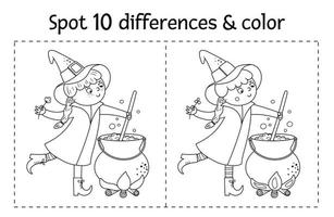 Halloween preto e branco encontrar diferenças jogo para crianças. Outono atividade educacional com bruxa engraçada, caldeirão, gato. planilha para impressão ou página para colorir com personagem sorridente. vetor