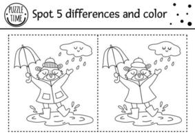 outono encontrar diferenças jogo para crianças. atividade educacional em preto e branco e página para colorir com guaxinim sob a chuva com guarda-chuva. planilha para impressão de outono com bonito animal da floresta. vetor