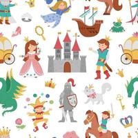 padrão sem emenda com objetos e personagens de contos de fadas. repita o fundo com fantasia princesa, rei, rainha, bruxa, cavaleiro, unicórnio, dragão. papel digital castelo mágico de conto de fadas medieval vetor