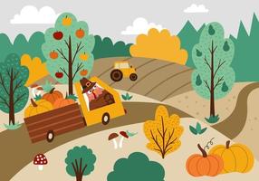 cena de paisagem de outono com campos, colheita, natureza, caminhão de condução de Turquia. cartão de ação de Graças em quadrinhos com pássaro bonito, abóboras. design de modelo de impressão horizontal de vetor para cartões postais, convites