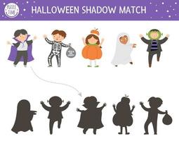 atividade de correspondência de sombra de halloween para crianças. quebra-cabeça de outono com crianças vestidas com trajes assustadores. jogo educativo com vampiro, fantasma, bruxa. encontre a planilha de silhueta correta para impressão. vetor