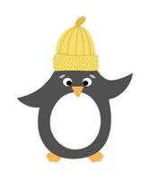 pinguim de vetor no chapéu amarelo. ilustração de pássaro bonito de inverno. design de cartão de Natal engraçado. impressão de ano novo com personagem sorridente