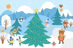 Vector fundo de floresta de inverno com animais fofos, abeto, neve. cena engraçada do Natal da floresta com urso, esquilo, macaco, pássaros. ilustração de paisagem plana de ano novo para crianças.