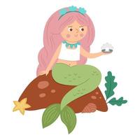 sereia de vetor de conto de fadas sentada em uma rocha e segurando uma pérola. garota fantasia na coroa isolada no fundo branco. princesa do mar de conto de fadas com cabelo rosa. ícone mágico de desenho animado feminino com personagem fofa