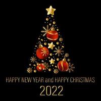 árvore de natal composta de elementos de férias, cores vermelho e dourado, ano 2022 - vetor