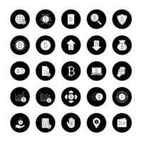 conjunto de ícones de glifo de bitcoin. criptomoeda. sistema de pagamento digital. Ilustrações vetoriais de silhuetas brancas em círculos pretos vetor