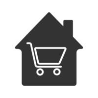 ícone de glifo de loja de produtos domésticos. casa com carrinho de compras dentro. símbolo da silhueta. compra de propriedade. espaço negativo. ilustração isolada do vetor