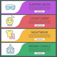 conjunto de modelos de banner da web de acessórios para dormir. ovelha, máscara para dormir, pijama, vela aromática. itens de menu de cores do site. conceitos de design de cabeçalhos de vetor