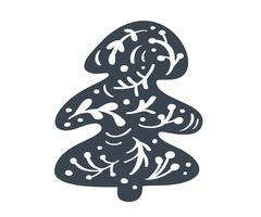 Silhueta escandinava do ícone do vetor da árvore de Natal. Símbolo de contorno simples. Isolado no kit de sinal web branco de abeto estilizado. Imagem de desenhos animados de handdraw