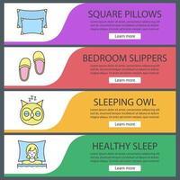 conjunto de modelos de banner da web de acessórios para dormir. travesseiros, mulher e coruja dormindo, chinelos de quarto. itens de menu de cores do site. conceitos de design de cabeçalhos de vetor
