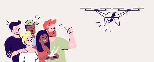 ilustração em vetor plana selfie. pessoas felizes atirando com drone. capturando momentos brilhantes. grupo de amigos tirando uma foto com o personagem de desenho animado isolado quadricóptero em fundo cinza