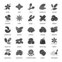 conjunto de ícones de glifo de especiarias. aromas, temperos. símbolos de silhueta. ilustração isolada do vetor