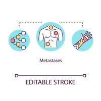 ícone do conceito de metástases. ilustração de linha fina de ideia de oncologia. neoplasia maligna. propagação do tumor. disseminação de células cancerosas. desenho de cor rgb de contorno isolado de vetor. curso editável vetor