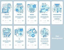 modelo de vetor de tela de página de aplicativo móvel de integração de desenvolvimento de aplicativos. programação de software. passo a passo do site com ilustrações lineares. conceito de interface de smartphone ux, ui, gui