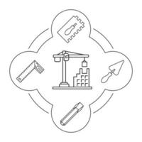 conjunto de ícones linear de ferramentas de construção. equipamento de construção. espátula retangular dentada, pá triangular, cinzel de ferro, conjunto quadrado. ilustrações vetoriais isoladas vetor