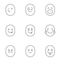 sorrisos conjunto de ícones linear. símbolos de contorno de linha fina. bom e mau humor. emoticons piscando, confuso, chocado, gostoso, ganancioso, rindo, com raiva, entediado. ilustrações isoladas de contorno vetorial vetor