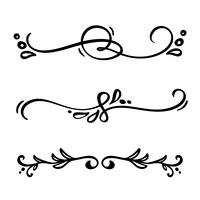 Vector linha vintage divisores elegantes e separadores, redemoinhos e cantos ornamentos decorativos. Linhas de floral linhas de design de filigrana. Flourish curl elementos para convite ou ilustração de página de menu