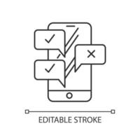 ícone linear de bate-papo. pesquisa online. mensagens instantâneas em smartphones. entrevista por e-mail. suporte ao cliente. ilustração de linha fina. símbolo de contorno. desenho de contorno isolado do vetor. curso editável vetor