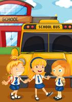 Três, estudantes, uniforme, por, a, schoolbus vetor
