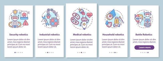 tipos de robótica onboarding tela da página do aplicativo móvel com conceitos lineares. guarda, industrial, médico, robôs de batalha passo a passo instruções gráficas. modelo de vetor ux, ui, gui com ilustrações
