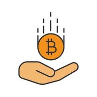 Abra a mão com o ícone de cor bitcoin. ilustração vetorial isolada vetor