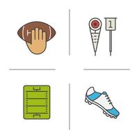 conjunto de ícones de cores de futebol americano. mão segurando a bola, o sapato do jogador, os marcadores de linha lateral, o campo. ilustrações vetoriais isoladas