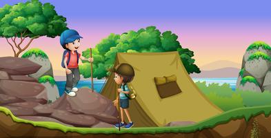 Duas crianças acampadas no lago vetor