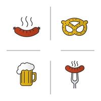 conjunto de ícones de cores de petiscos de cerveja. salsicha fumegante no garfo, bratwurst, brezel, copo de cerveja espumoso. ilustrações vetoriais isoladas
