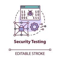 ícone do conceito de teste de segurança. ilustração de linha fina de ideia de estágio de desenvolvimento de software. garantia de segurança. programação de aplicativos. proteção de privacidade. desenho de contorno isolado do vetor. curso editável vetor