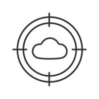 aponte no ícone linear da nuvem. ilustração de linha fina do localizador de previsão do tempo. pesquisando através do símbolo de contorno de armazenamento em nuvem. desenho de contorno isolado de vetor