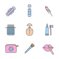 conjunto de ícones de cores de acessórios de cosméticos. desodorante, tampão sanitário, embalagem de palitos de ouvido, perfume, pasta de dente, bolsa de cosméticos, pincel de maquiagem. ilustrações vetoriais isoladas vetor