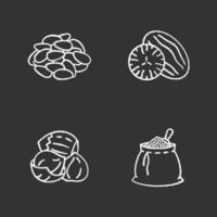conjunto de ícones de giz de especiarias. saco de pinenut, noz-moscada, avelã, especiarias. ilustrações vetoriais isoladas em quadro-negro vetor