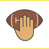 mão jogando o ícone de cor de bola de futebol americano. mão segurando uma bola de rugby. entrada. ilustração vetorial isolada