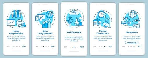 tela de página de aplicativo móvel de integração de consumo excessivo com conceitos. globalização, superpopulação. consumismo passo a passo 5 etapas de instruções gráficas. modelo de vetor ui com ilustrações coloridas rgb