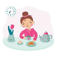 ilustração vetorial plana de rotina de manhã. garota feliz tomando café da manhã em casa. jovem sentada à mesa e apreciando sua refeição. conceito de vida lenta. vetor