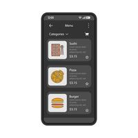 modelo de vetor de interface de smartphone para aplicativo de entrega de comida