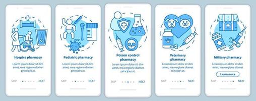 Pharmacy branchase onboarding tela da página do aplicativo móvel com conceitos lineares. hospício e medicação pediátrica. cinco etapas passo a passo de instruções gráficas. modelo de vetor ux, ui, gui com ilustrações