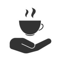 Abra a mão com um copo de ícone de glifo de bebida quente. símbolo da silhueta. xícara de chá grátis, xícara de café. espaço negativo. ilustração isolada do vetor