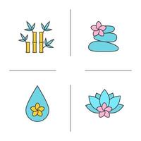 conjunto de ícones de cores do salão de beleza do spa. aromaterapia. massagem com pedras, gota de óleo aromático, flores de spa e bambu. ilustrações vetoriais isoladas vetor