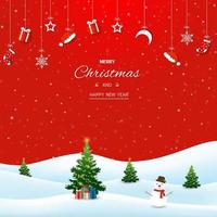 Feliz Natal e feliz ano novo cartão, feriado decorativo de inverno em fundo vermelho vetor